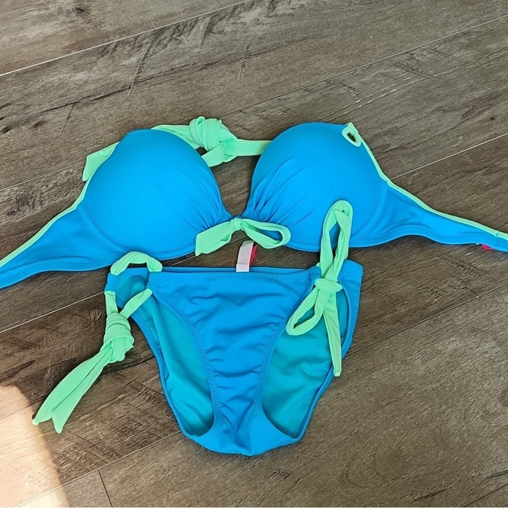 Blue & neon lime green push up tie string Bikini Set. 34D & XS. Lined.